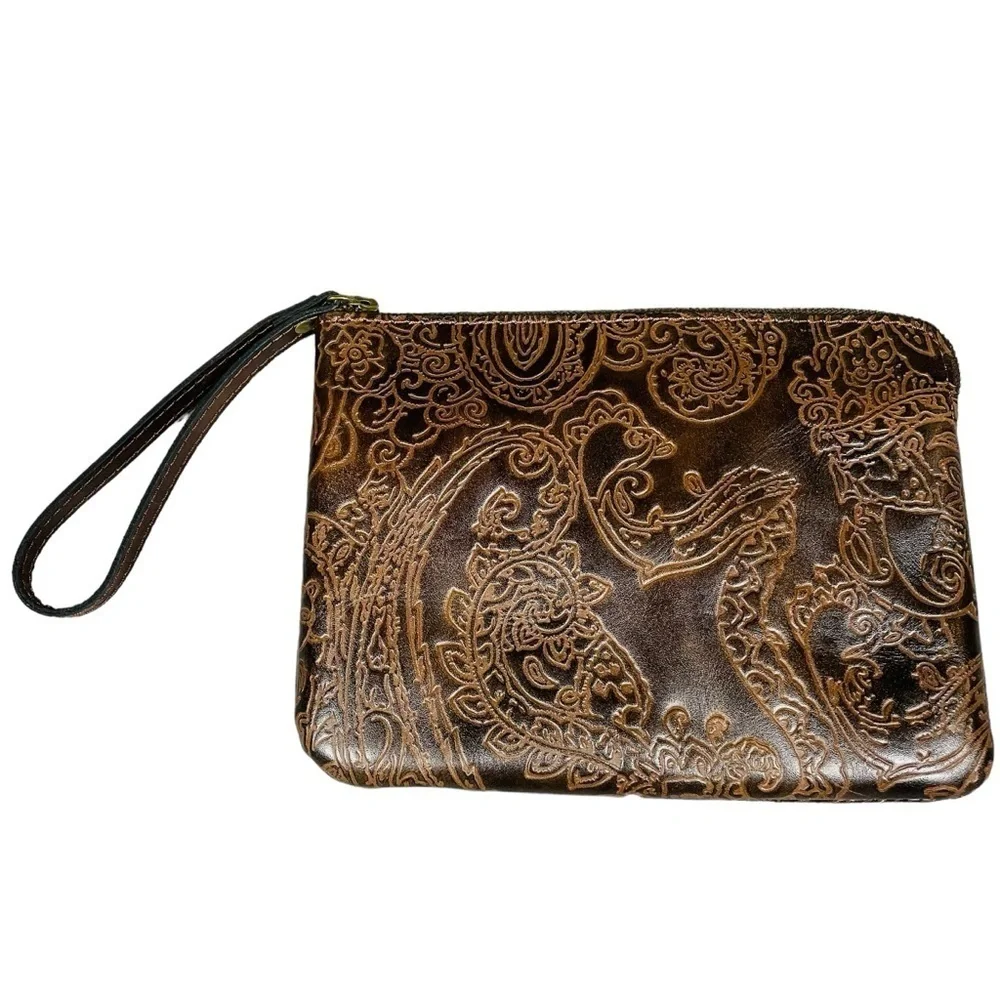 Patricia Nash Dark Brown Tooled 100% Leather Cassini Wristlet - Paisley Design